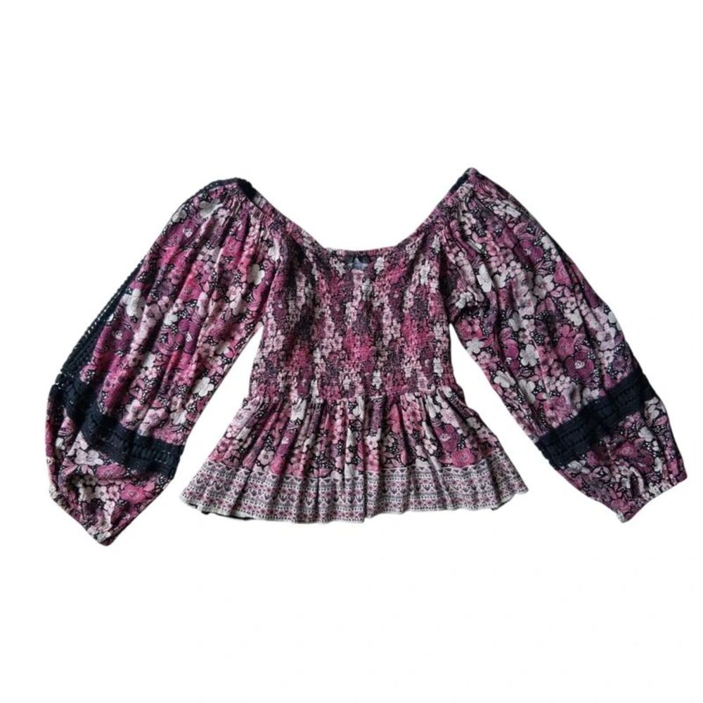 Angie Black Pink Purple Floral Print Off the Shoulder Smocked Blouse Women's 1X